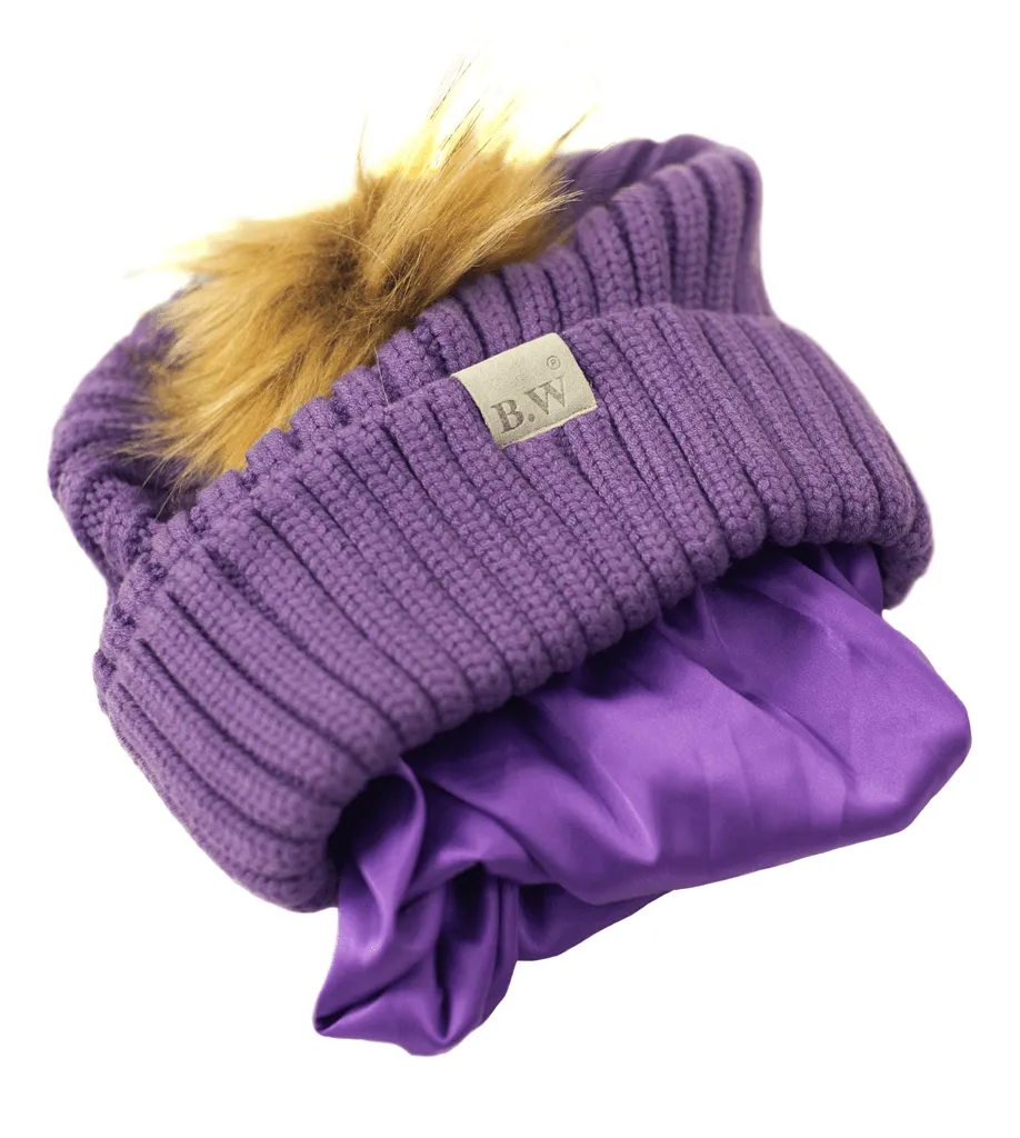 Winter Hat | Satin Lined | Natural Hair | Violet Pom Pom